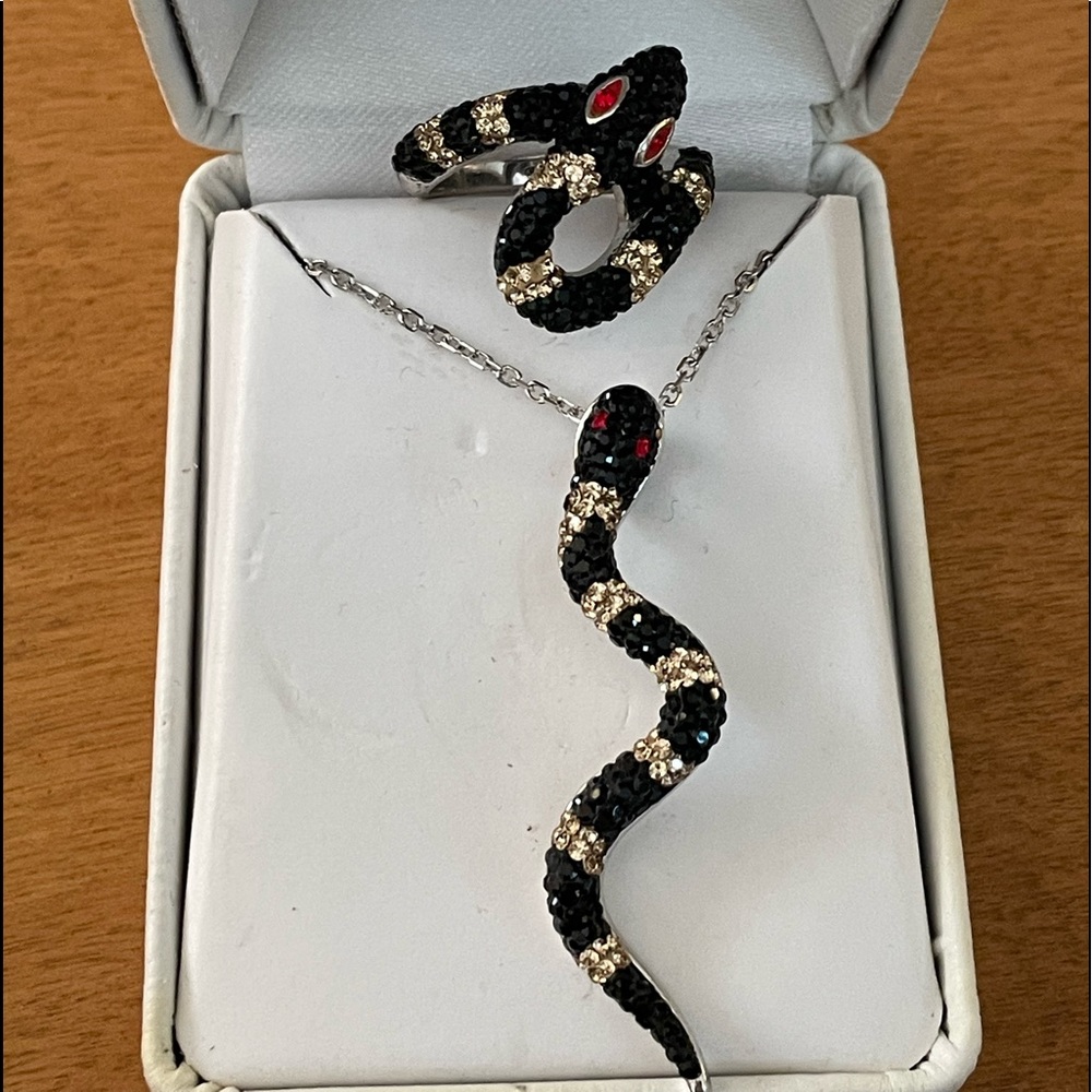 Sterling silver snake black gold and red stones ring and necklace